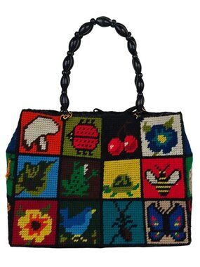 Vintage Handbag Crochet Multicolor Patchwork Beads Handle 1970s Handmade Art